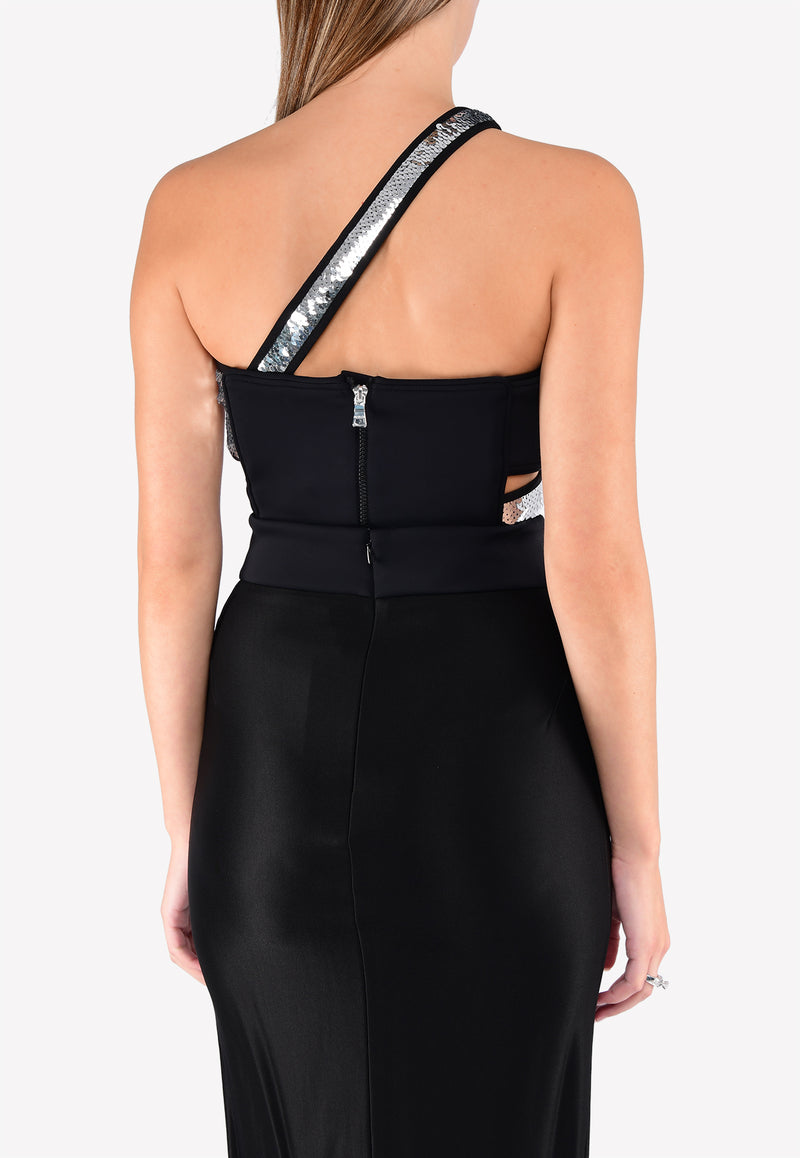 Mugler Silver Sequined One-Shoulder Bralette 17S BRASB24725