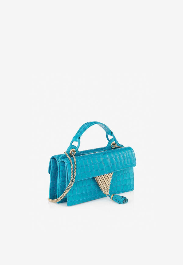 Aquazzura Downtown 24/7 Top Handle Bag in Croc-Embossed Leather DWNSHBS0-CLPIBL IBIZA BLUE/LIGHT Blue