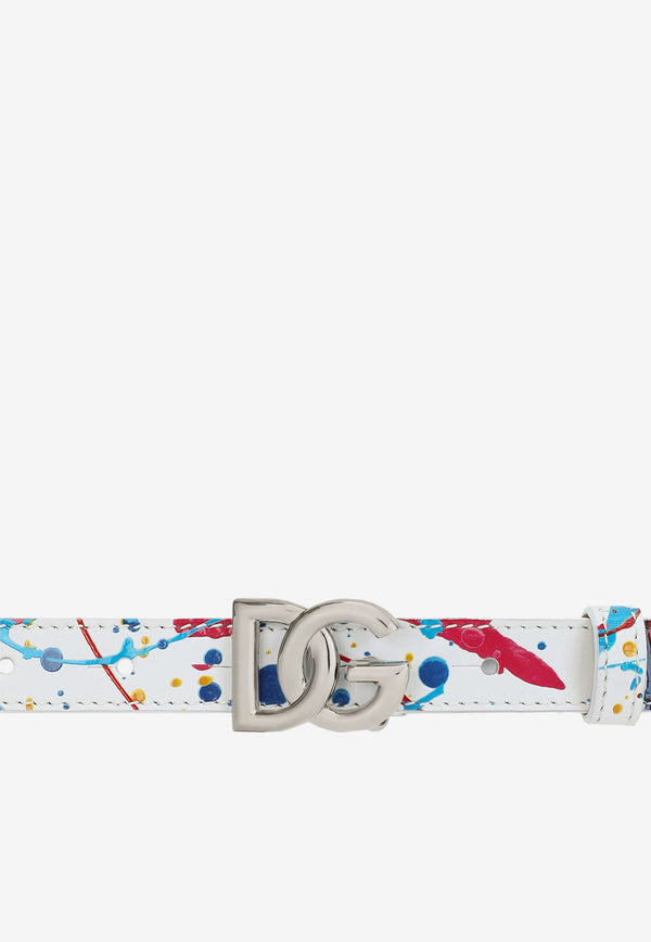 Dolce & Gabbana Kids Boys DG Logo Color Splash Print Belt in Calf Leather White EC0076 AY395 HA3AY
