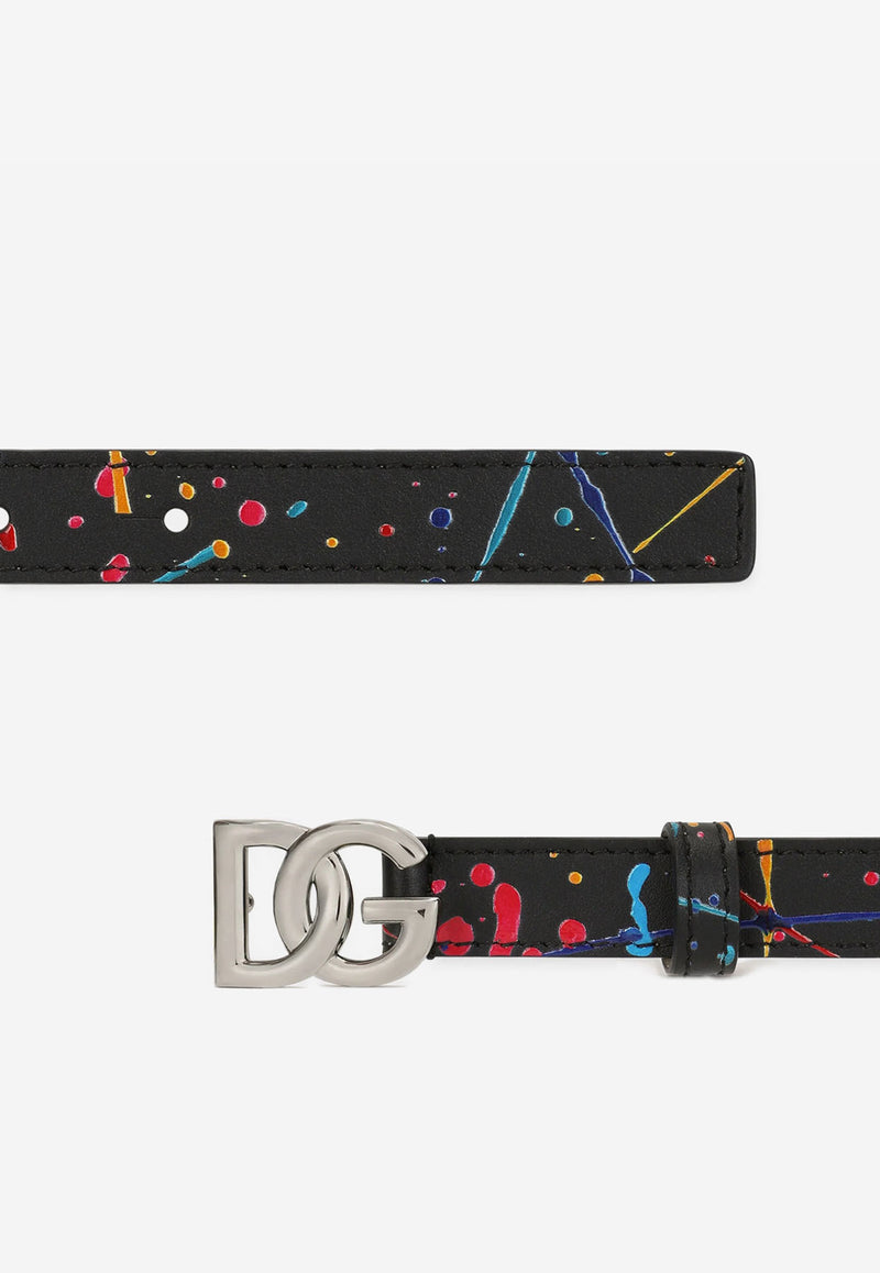 Dolce & Gabbana Kids Boys DG Logo Color Splash Print Belt in Calf Leather Black EC0076 AY395 HN3AY