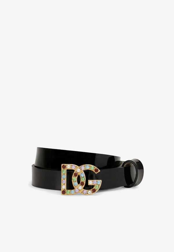 Dolce & Gabbana Kids Girls Crystal DG Buckle Belt in Patent Leather Black EE0063 A1471 80999