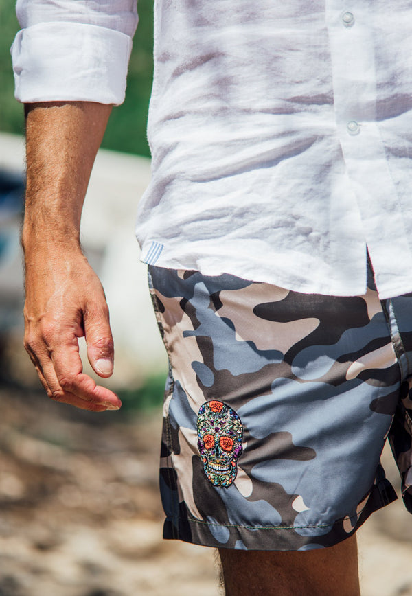 Les Canebiers Ermitage Court Mexican Head Swim Shorts in Camo Blue Ermitage Court Mex-Camouflage