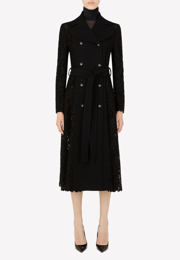 Dolce & Gabbana Long Coat in Cordonetto Lace with Belt Black F0B5AT HLMTB N0000