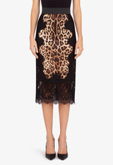 Dolce & Gabbana Leopard Print Laced Satin Midi Skirt Black F4BHCT FSAXY HY13M