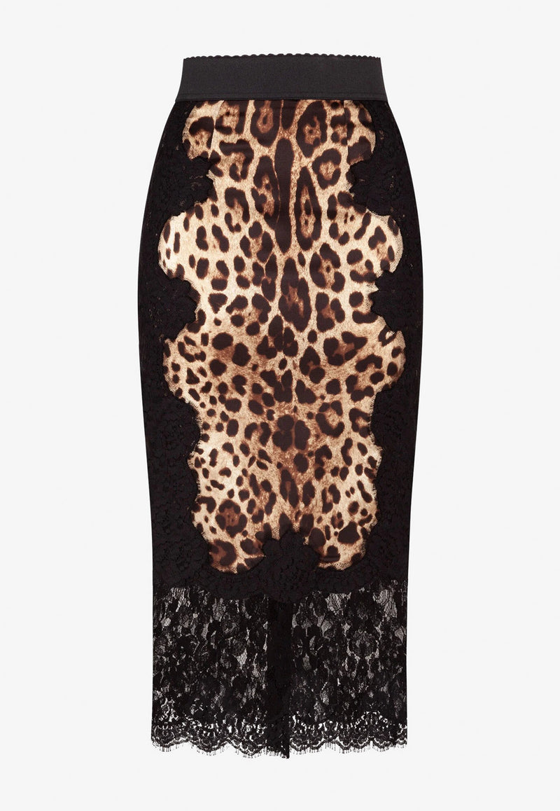 Dolce & Gabbana Leopard Print Laced Satin Midi Skirt Black F4BHCT FSAXY HY13M