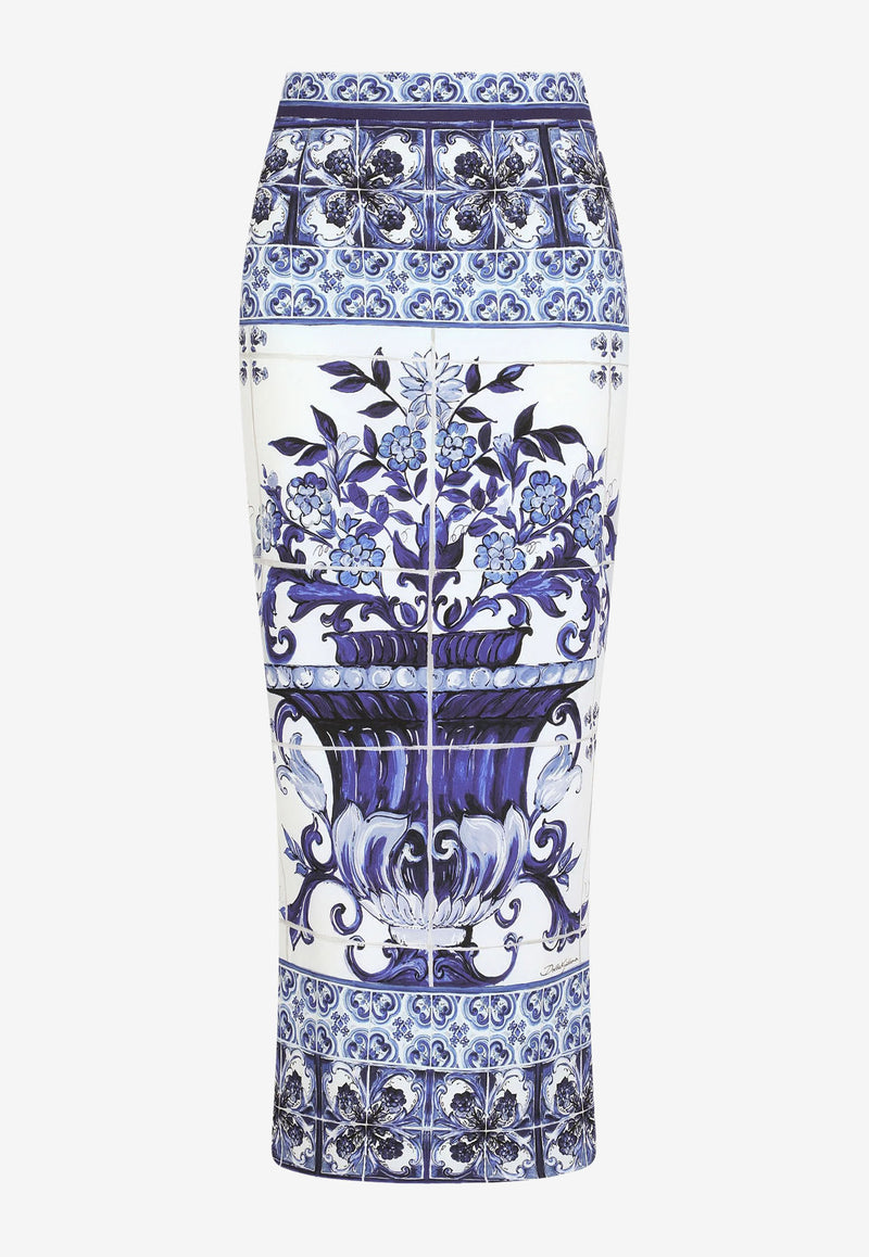 Dolce & Gabbana Majolica Print Silk Midi Skirt F4BWLT HPABW HA3TN  Blue