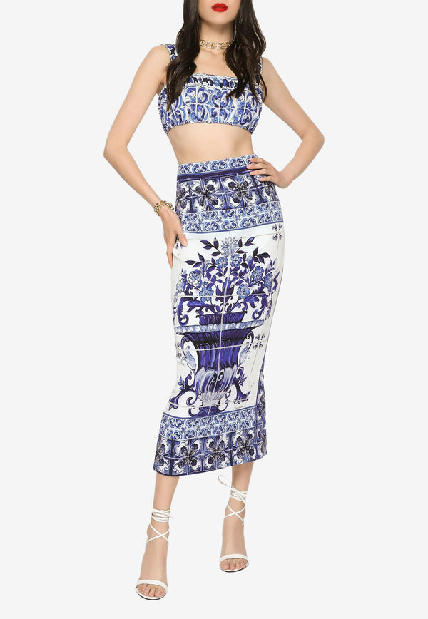 Dolce & Gabbana Majolica Print Silk Midi Skirt F4BWLT HPABW HA3TN  Blue