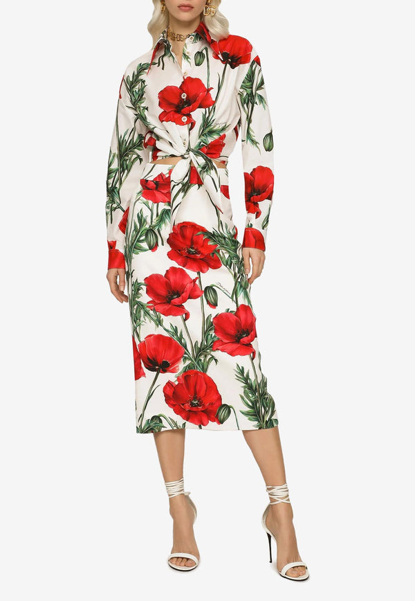 Dolce & Gabbana Poppy-Print Charmeuse Midi Skirt Multicolor F4CDFT FSA4P HA3VN