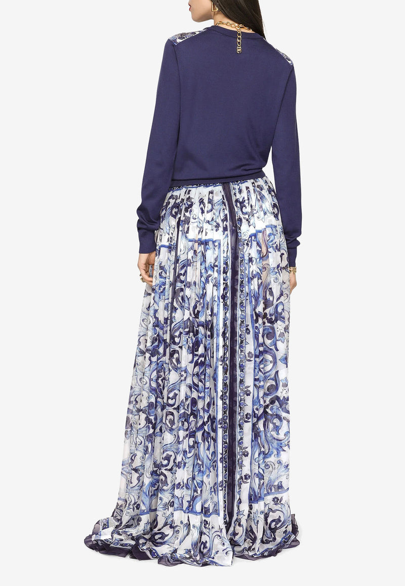 Dolce & Gabbana Majolica Print Maxi Chiffon Skirt F4CHKT HI1BT HA3TN  Blue