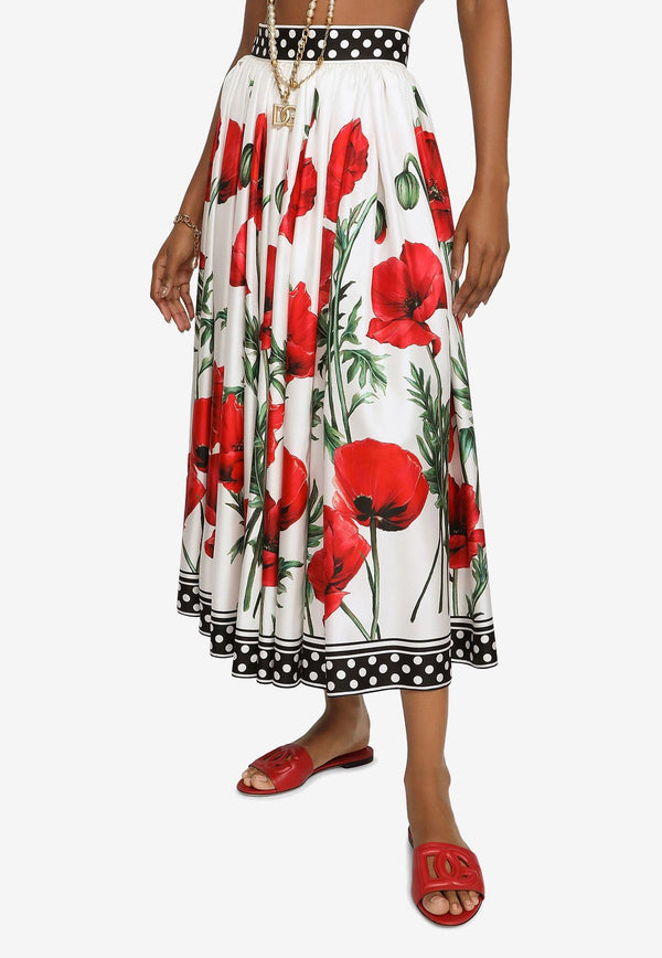 Dolce & Gabbana Poppy-Print Midi Silk Skirt Multicolor F4CI7T GDA9K HA3VN