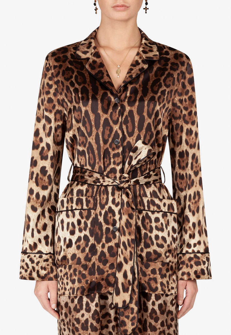 Dolce & Gabbana Leopard Print Satin Belted Shirt Brown F5I89T FSAXY HY13M