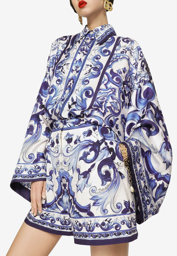 Dolce & Gabbana Majolica Print Silk Twill Kaftan Shirt Blue F5O28T HI1BO HA3TN