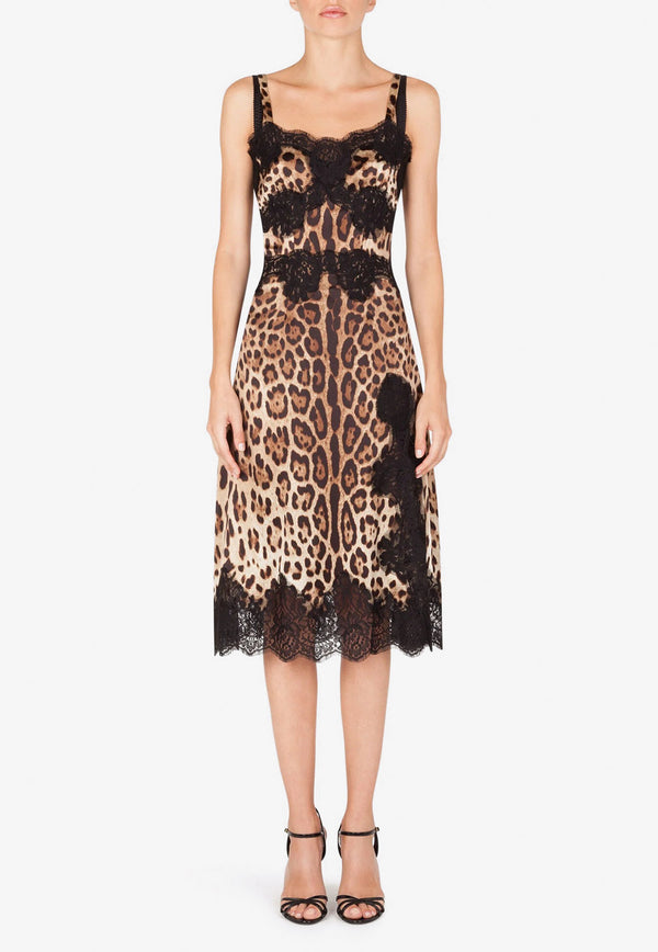 Dolce & Gabbana Leopard Print Satin Dress with Lace Trims Brown F6A5DT FSAXY HY13M