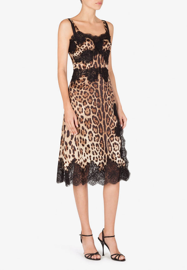 Dolce & Gabbana Leopard Print Satin Dress with Lace Trims Brown F6A5DT FSAXY HY13M