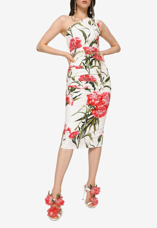 Dolce & Gabbana Carnation-Print One-Shoulder Midi Dress Multicolor F6AHTT FSEHT HA3VL