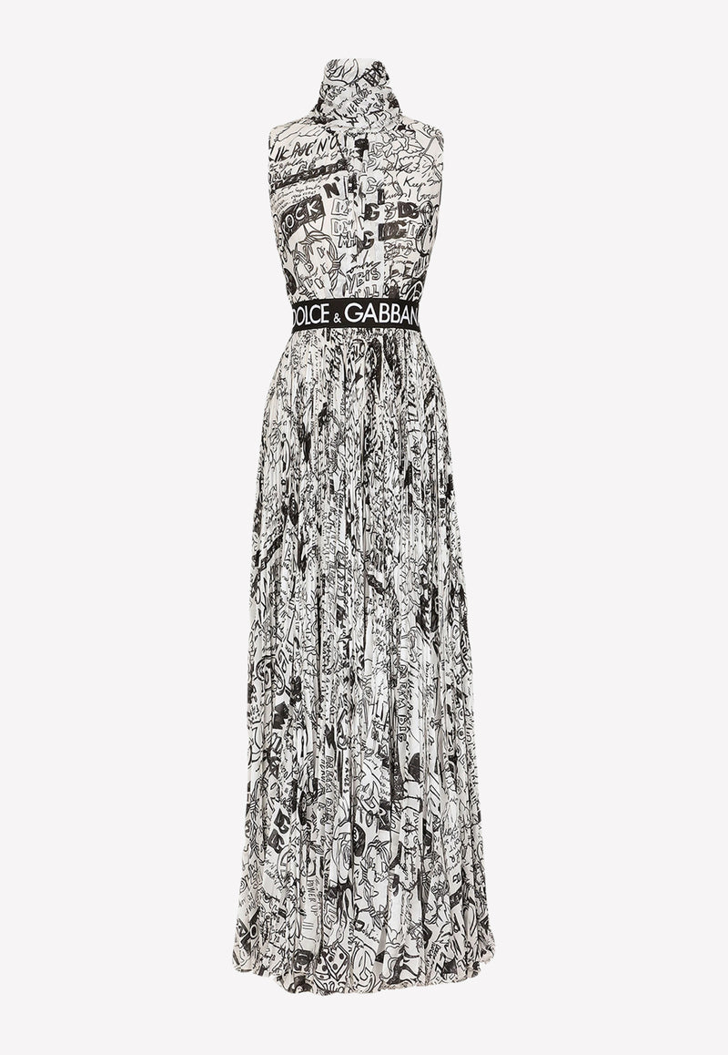 Dolce & Gabbana Graffiti Logo Print Maxi Dress in Chiffon Monochrome F6ALWT ISMAY HA4CE
