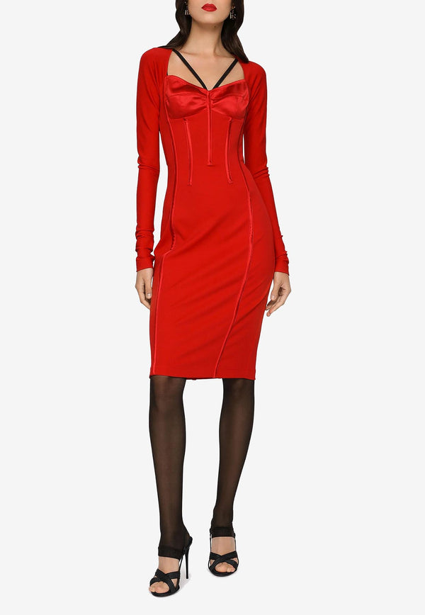 Dolce & Gabbana Long-Sleeved Corset-Bodice Knee-Length Dress Red F6AWRT FURL6 R2254