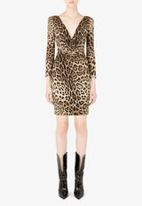Dolce & Gabbana Leopard Print V-Neck Charmeuse Mini Dress Brown F6R7UT FSADD HY13M
