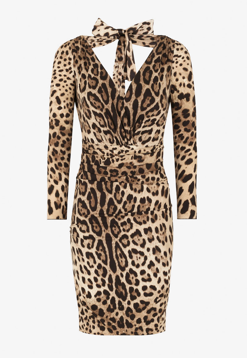 Dolce & Gabbana Leopard Print V-Neck Charmeuse Mini Dress Brown F6R7UT FSADD HY13M