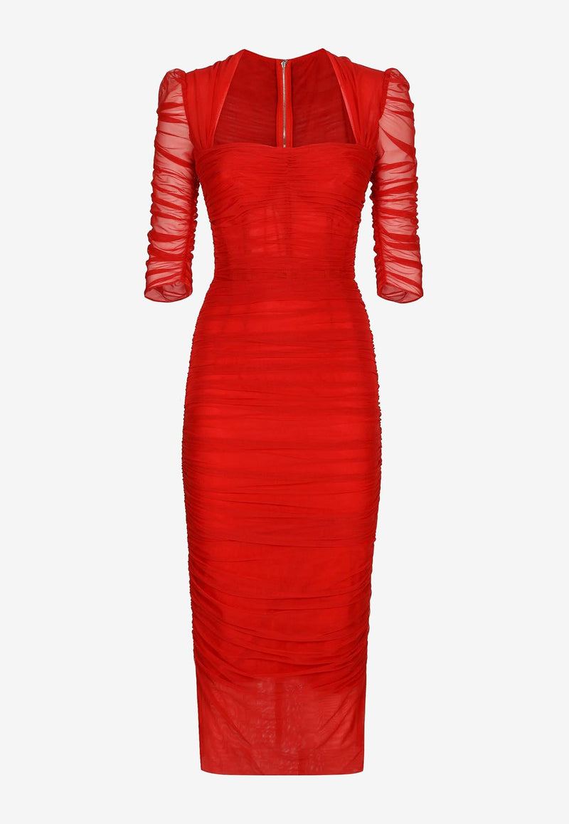 Dolce & Gabbana Tulle Draped Midi Dress Red F6XD3T FLRDA R0365