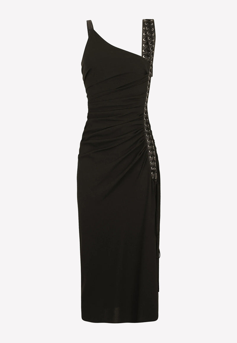 Dolce & Gabbana Asymmetric Stretch Sable Midi Ruched Dress Black F6ZB7T FURGC N0002