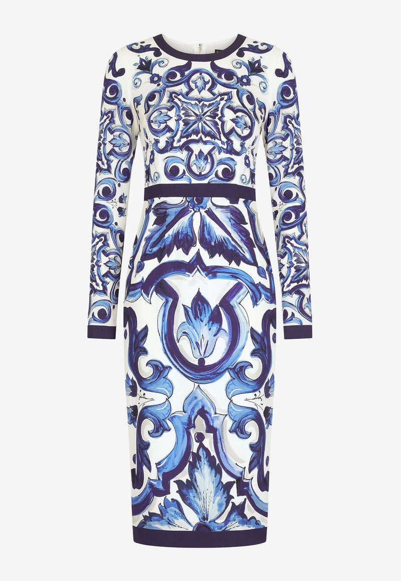 Dolce & Gabbana Majolica Print Charmeuse Midi Dress F6ZJ7T HPABK HA3TN  Blue