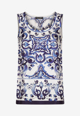 Dolce & Gabbana Majolica Print Silk Twill Tank Top F72Y3T HI1B9 HA3TN  Blue