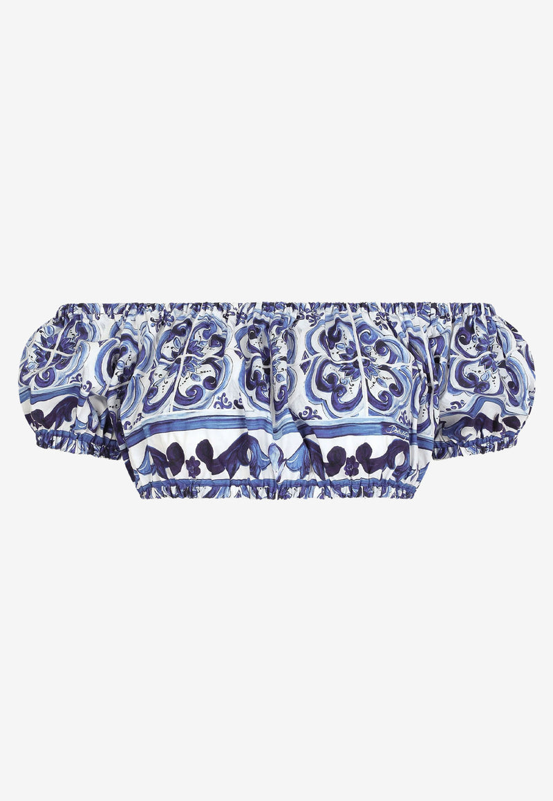 Dolce & Gabbana Majolica Print Off-Shoulder Cropped Top F755RT HH5BA HA3TN  Blue