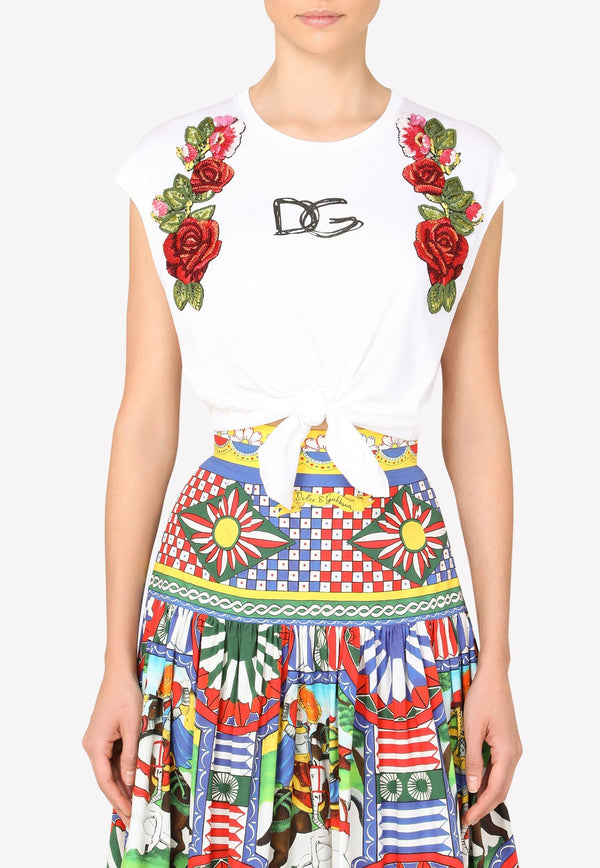 Dolce & Gabbana Raffia Embroidered Self-Tie Cotton Crop Top White F8M30Z G7XAW W0800
