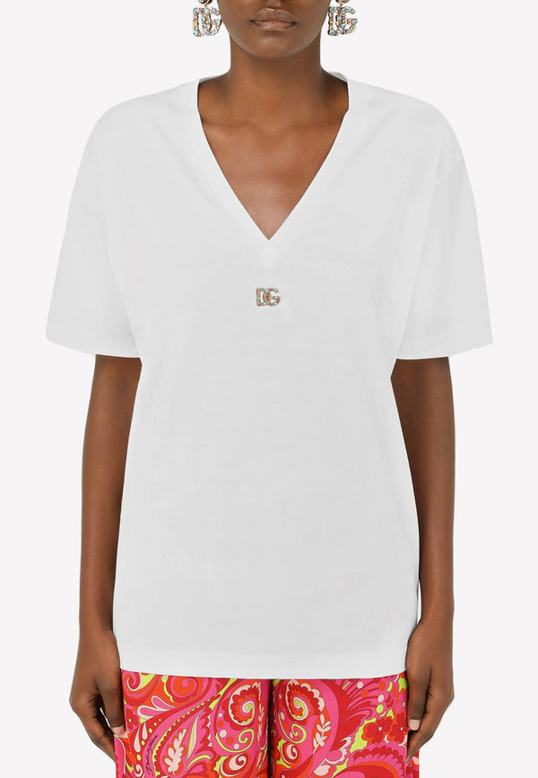 Dolce & Gabbana Crystal Logo Detail V-Neck T-shirt  White F8M65Z G7B3U S9000