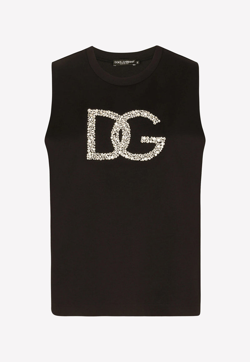 Dolce & Gabbana Crystal Embellished Interlock Logo Tank Top Black F8Q42Z G7BUL N0000