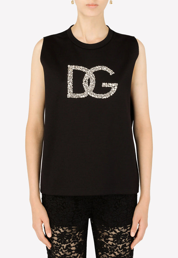 Dolce & Gabbana Crystal Embellished Interlock Logo Tank Top Black F8Q42Z G7BUL N0000