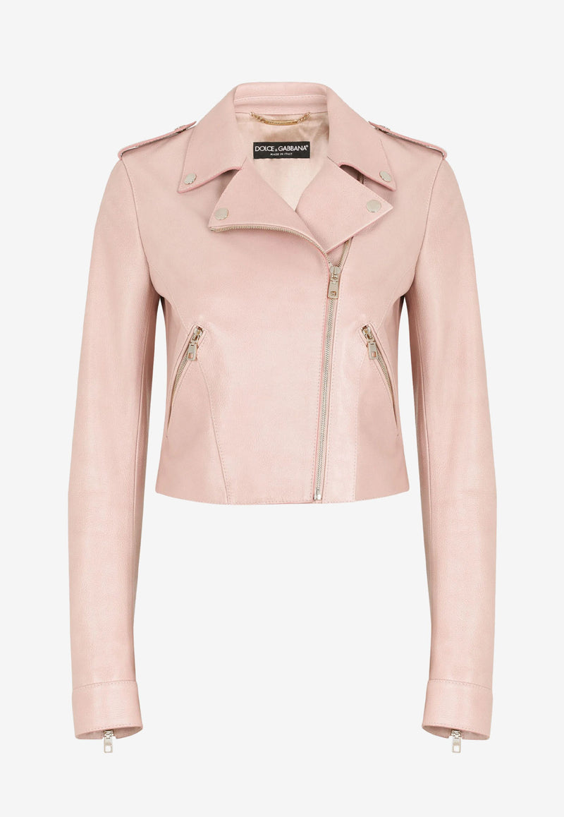 Dolce & Gabbana Leather Biker Zip-Up Jacket Pink F9M11L GDAK0 M0422