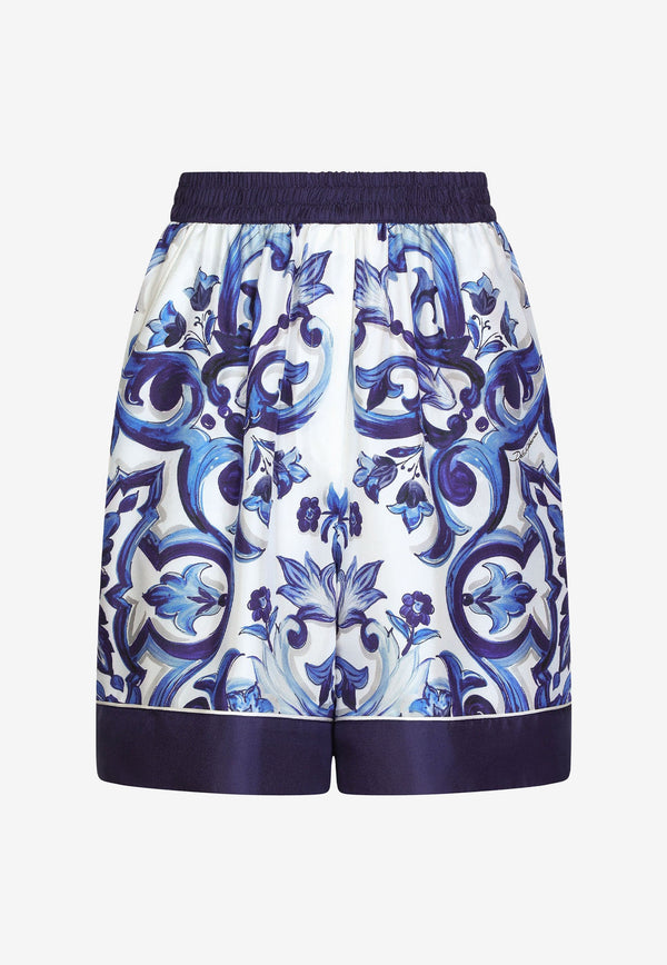 Dolce & Gabbana Majolica Print High-Waist Silk Twill Shorts Blue FTAM7T HI1BG HA3TN