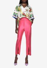 Dolce & Gabbana Mikado High-Waist Silk Pants with Slit Fuchsia FTCIPT FU1L5 F0733