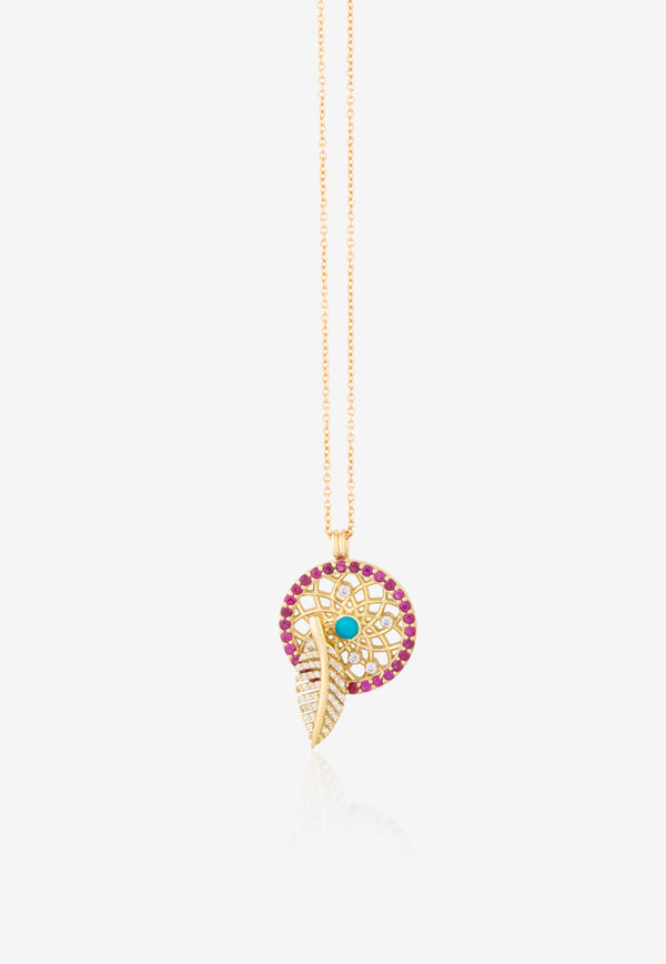 Ethnic Collection Necklace in 18-karat Yellow Gold with Turquoise, Ruby and White Diamonds