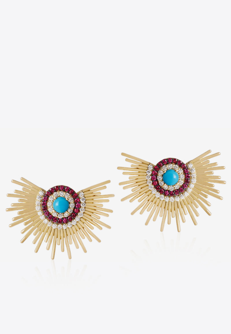 Soleil Collection Earrings in 18-karat Yellow Gold with Turquoise, Ruby, And White Diamonds