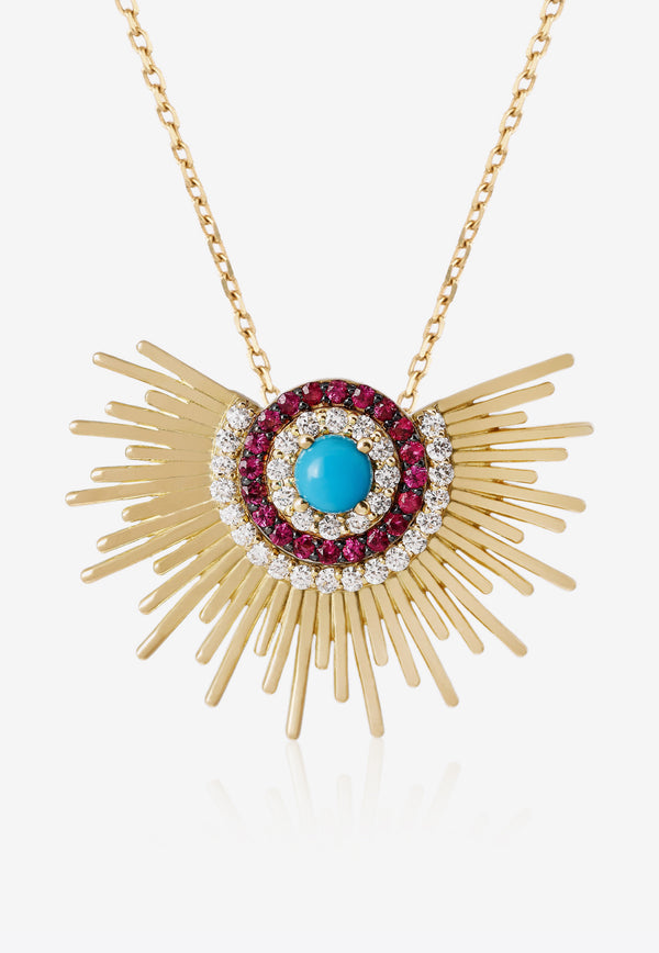 Soleil Collection Necklace in 18-karat Yellow Gold with Turquoise, Ruby, And White Diamonds