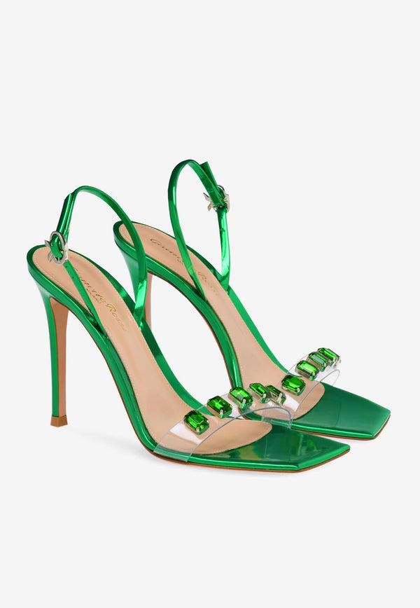 Gianvito Rossi Ribbon Candy 105 Crystal Embellished Slingback Sandals G32215 15RIC PLMTRGR METAL TRASP GREEN Green