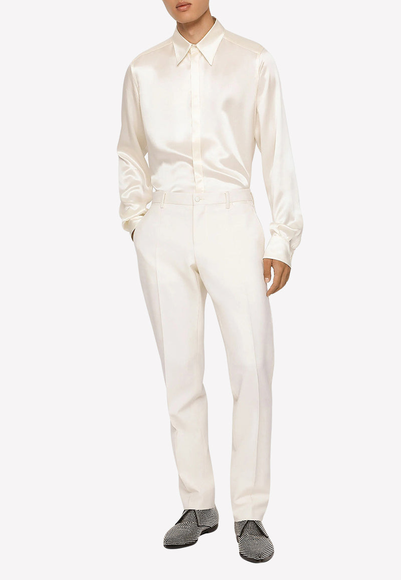 Dolce & Gabbana Long-Sleeved Satin Silk Shirt White G5JL8T FU1AU W0111