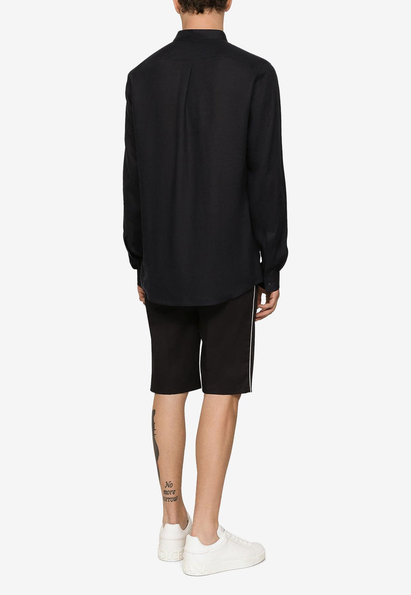 Dolce & Gabbana Long-Sleeved Logo-Plaque Shirt in Linen Black 