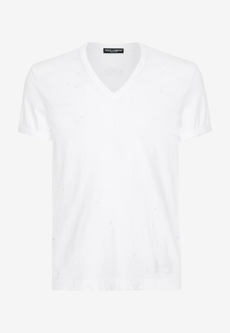 Dolce & Gabbana Distressed Re-Edition V-neck T-shirt White G8QK6T G7I3R W0800
