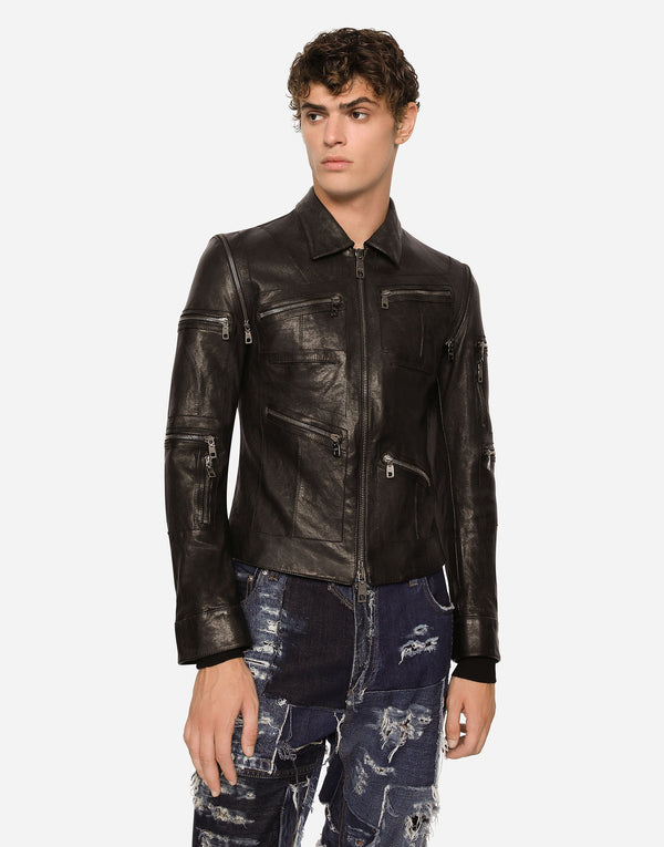 Dolce & Gabbana Leather Zip-Up Jackets Black G9AHGL HULSC N0000