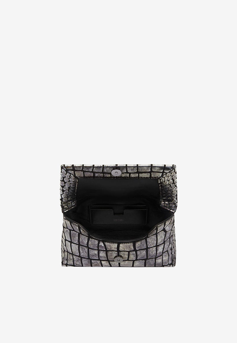 Tom Ford Mini Top Handle Bag in Metallic Croc Embossed Leather L1487-LGO043R 3GN07 Silver