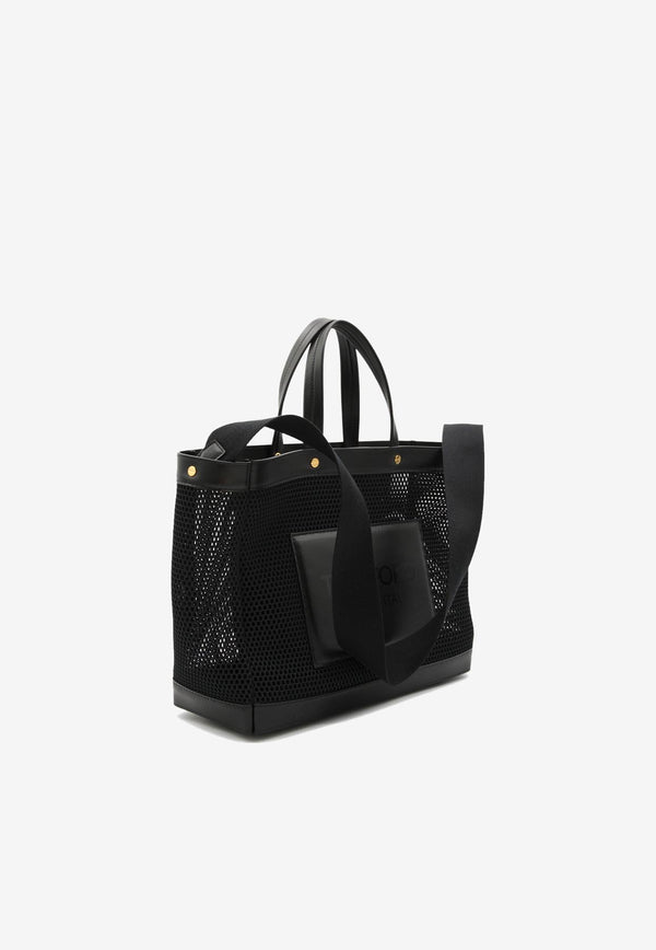 Tom Ford Logo Patch Tote Bag in Leather and Mesh Black L1497-ISY035G 1N001