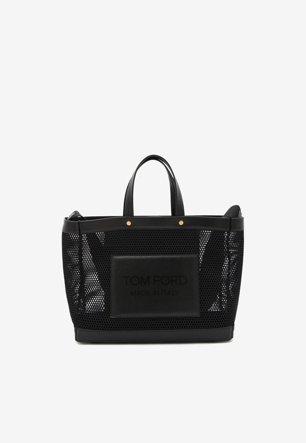 Tom Ford Logo Patch Tote Bag in Leather and Mesh Black L1497-ISY035G 1N001