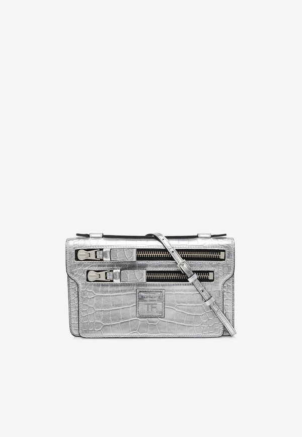 Tom Ford Jennifer Crossbody Bag in Metallic Croc Embossed Leather L1667-LCL348S 1G004 Silver