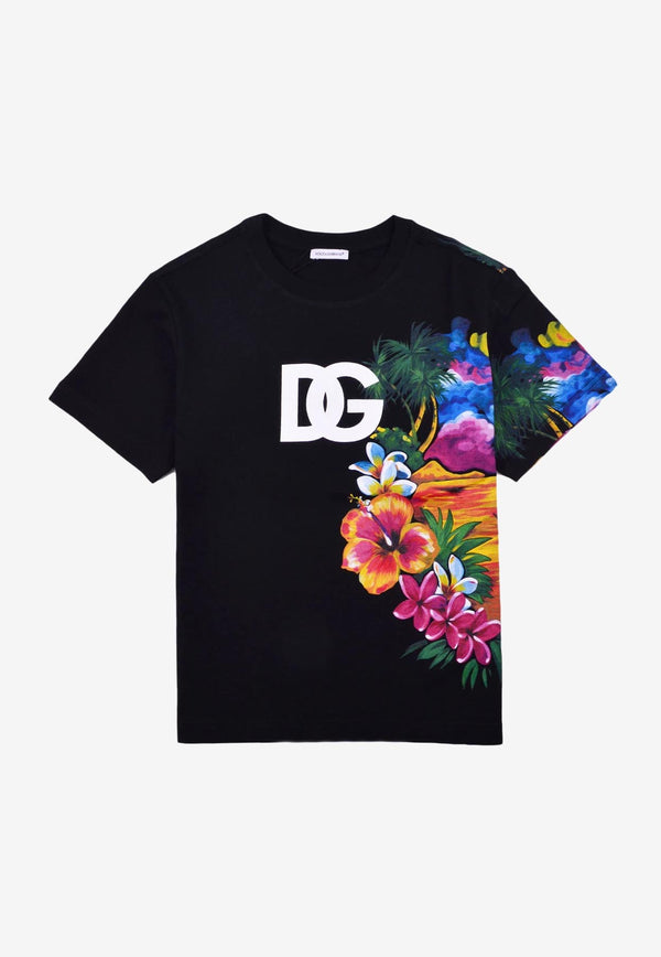 Dolce & Gabbana Kids Boys Hawaiian Print T-shirt with DG Logo Black L4JTBL G7H1D N0000