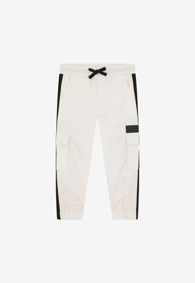 Dolce & Gabbana Kids Boys Logo Patch Gabardine Cargo Track Pants White L4SP81 G7D7I S9000