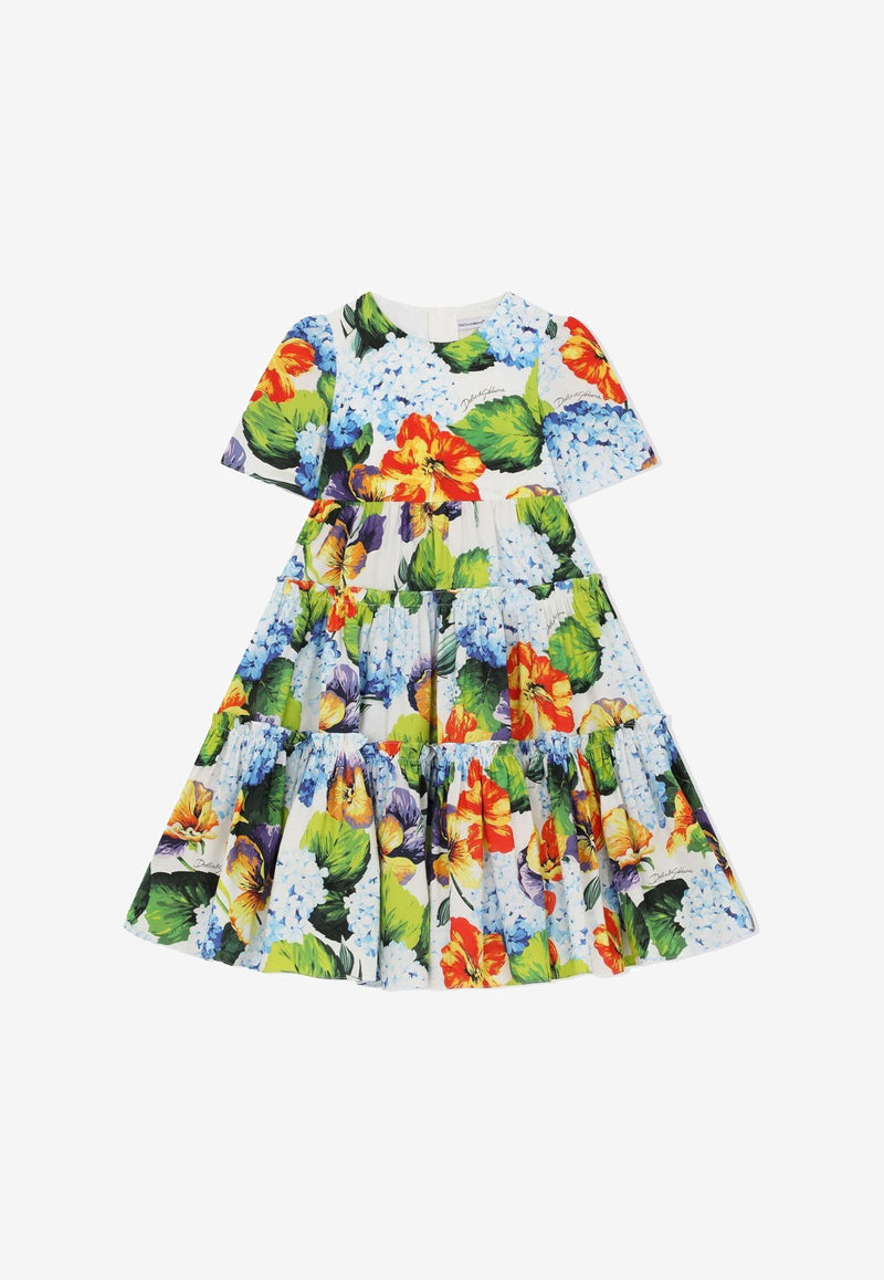 Dolce & Gabbana Kids Girls Hydrangea Print Poplin Midi Dress L53DC5 HS5MF HA3JA Multicolor